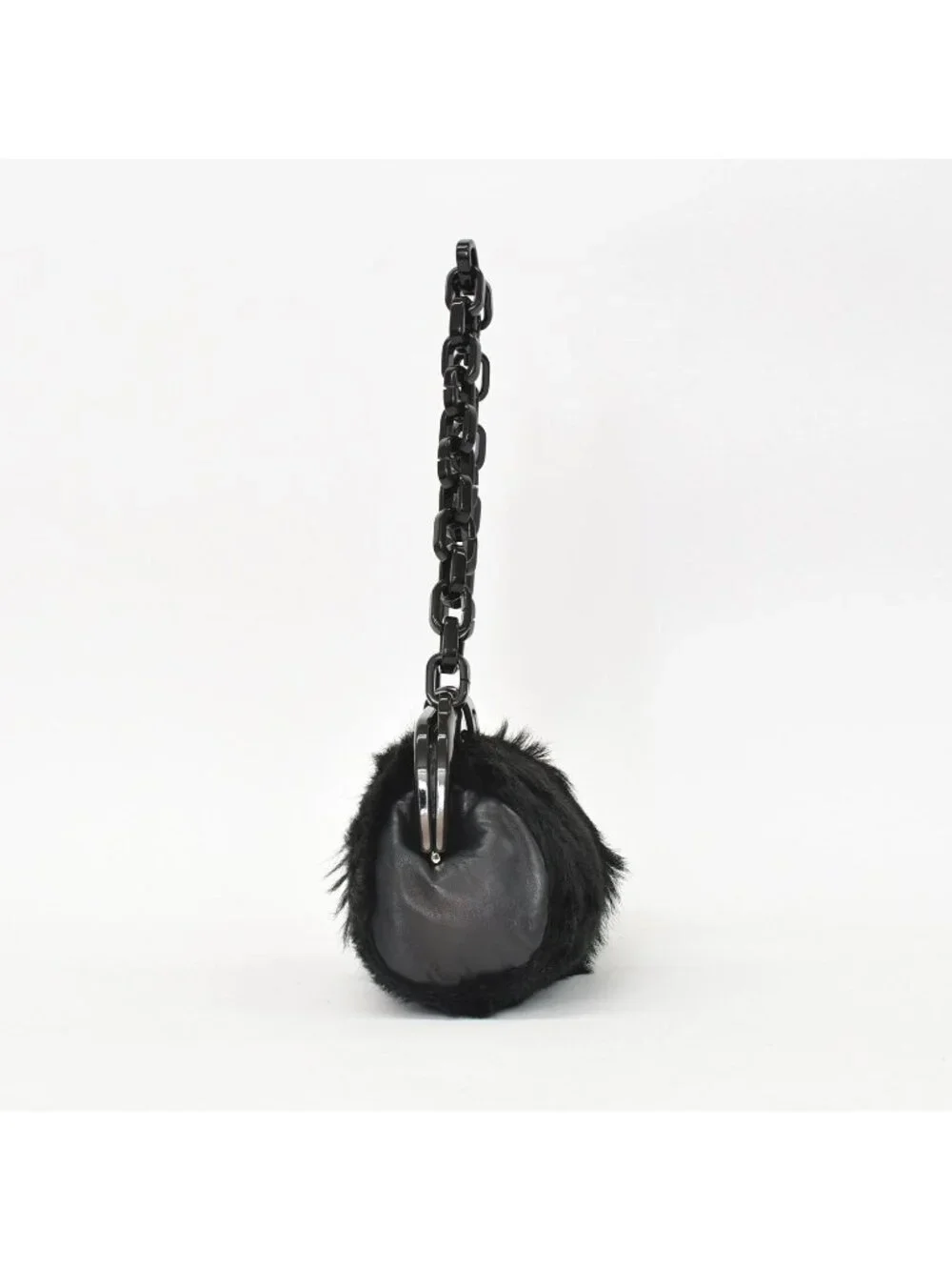 Chanel Plastic Chain Bag CC Logo Goat Fur Leather Black
